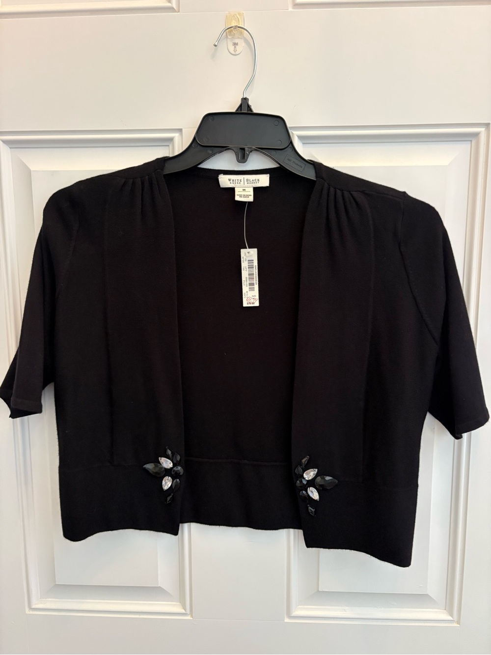White House Black Market Black Short Embellished Open-Front Cardigan